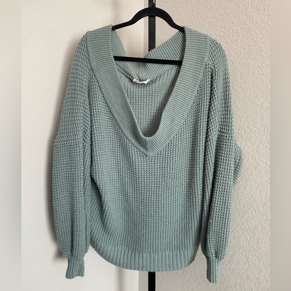 Zenana Outfitters Women’s Off the Shoulder Green/Blue V-Neck Sweater - Picture 2 of 4